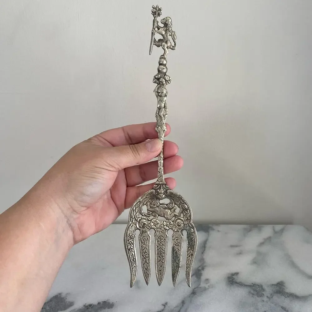 Ugo Bellini Set Of 2 Italian Ornate Metal Serving Fork Spoon Baroque Cherub Lion